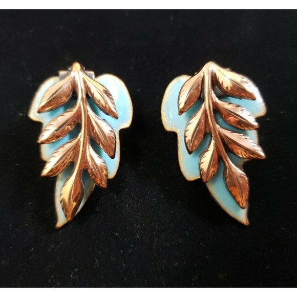 VTG Matisse Renoir Blue Enamel Copper Leaf Leaves Fall Autumn Clip Earrings  - Picture 1 of 8